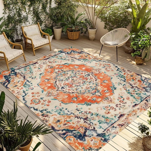 Orange Beige Boho Outdoor Rug for Patio/Deck/Porch, Non-Slip Large Area Rug 5 x 7 Ft, Vintage Ethnic Abstract Art Floral Indoor Outdoor Rugs Washable Area Rugs, Reversible Camping Rug Carpet Runner
