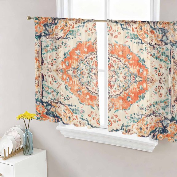 Orange Beige Boho Sheer Curtains 54 Inch Length 2 Panels Set, Vintage Ethnic Abstract Art Floral Voile Window Treatment Rod Pocket Short Kitchen Curtains Drapes for Bedroom 52"x54"x2