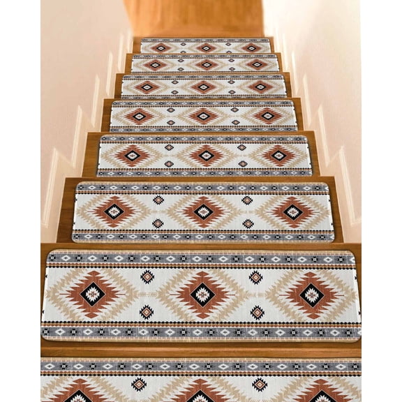 Orange Beige Boho Stair Treads for Wooden Steps Indoor Runner Rug Carpet, Vintage Ethnic Tribal Southwestern 4 Pieces Peel and Stick Staircase Step Treads Covers Washable Throw Door Mats, 30"x8"