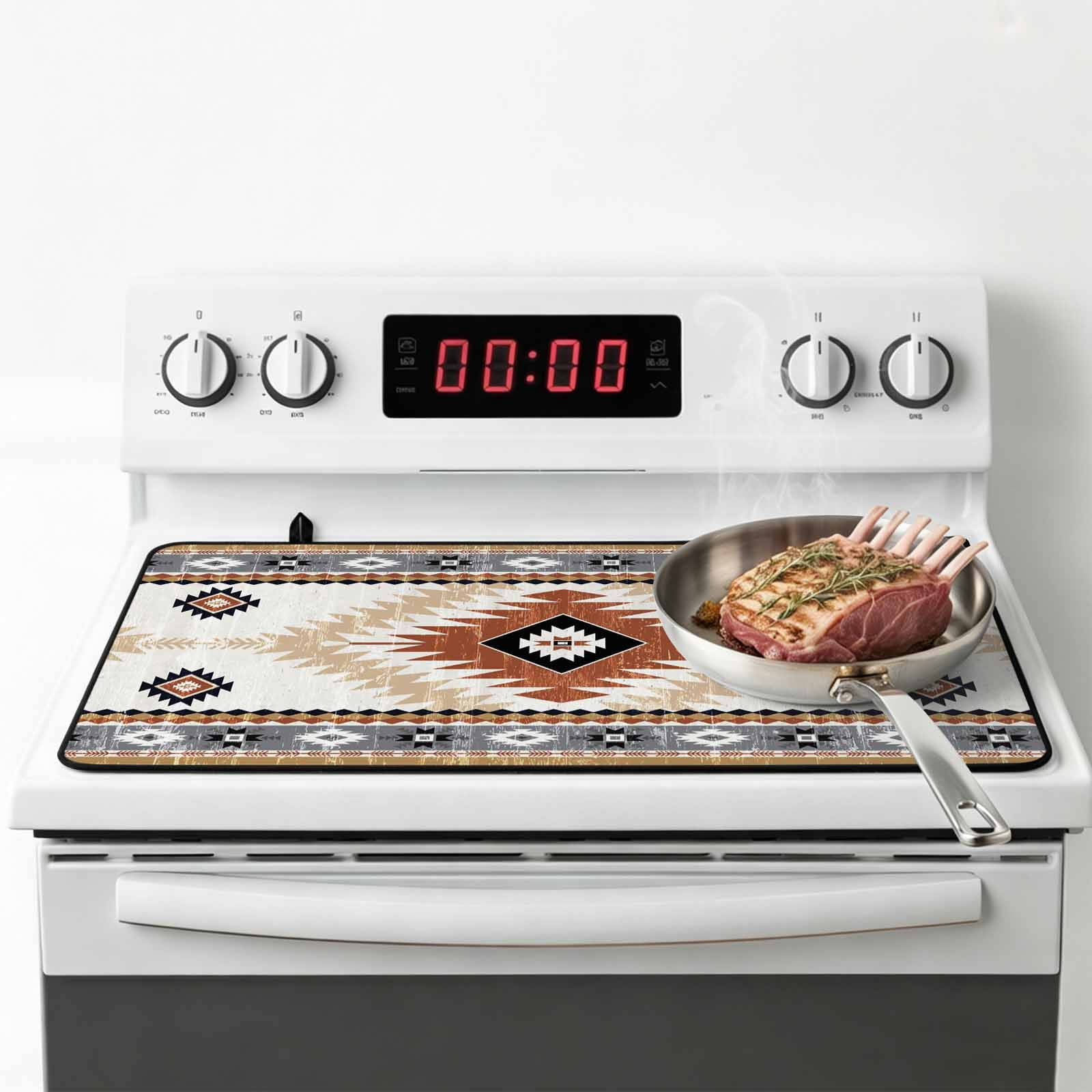 Orange Beige Boho Stove Top Cover for Electric Stove, Heat-proof & Non Slip Glass Top Stove Cover Protector, Vintage Ethnic Tribal Southwestern Kitchen Flat Cooktop Rubber Mat 31x24 Inches