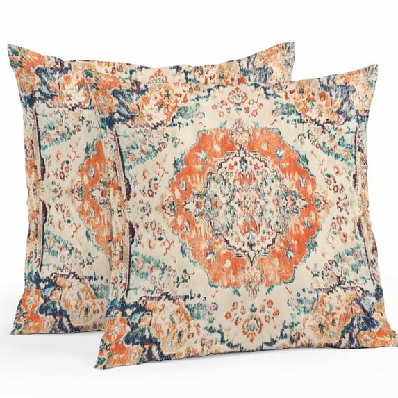 Orange Beige Boho Throw Pillow Covers 20x20 Inch Set of 2, Vintage Ethnic Abstract Art Floral Waterproof Outdoor Pillow Covers, Decorative Cushion Pillowcases for Couch, Sofa, Bed, Garden, Patio