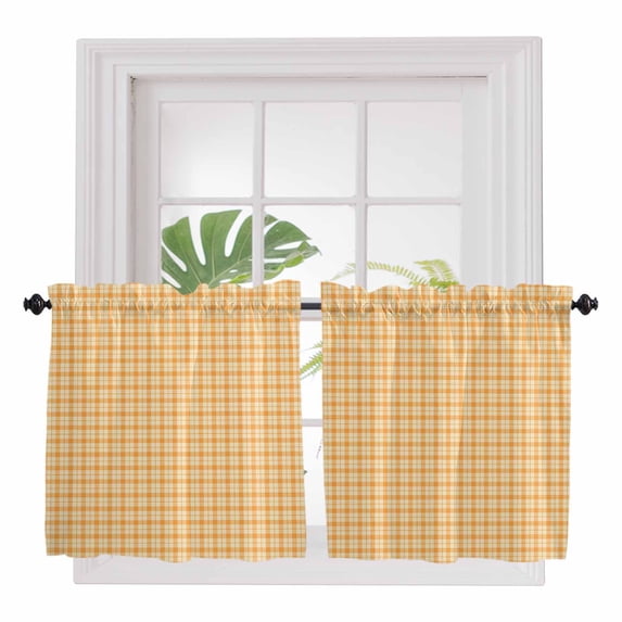 Orange Beige Checkered 2 Panel Kitchen Curtains for Small Windows, Modern Farmhouse Buffalo Plaid Bathroom Tier Curtain, Short Window Treatment for Bedroom/Living Room 55"x36"