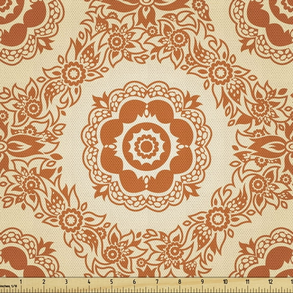 Ambesonne Orange Fabric by the Yard Upholstery, Victorian Baroque Leaves, 10 Yards, Orange and Beige