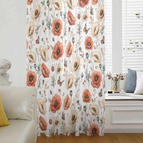 Orange Beige Floral Sheer Curtains 63 Inch Length, Light Filtering Voile Curtain Panel, Spring Flower Summer Botanical Rod Pocket Drapes Window Treatments for Living Room Bedroom 52"x63"