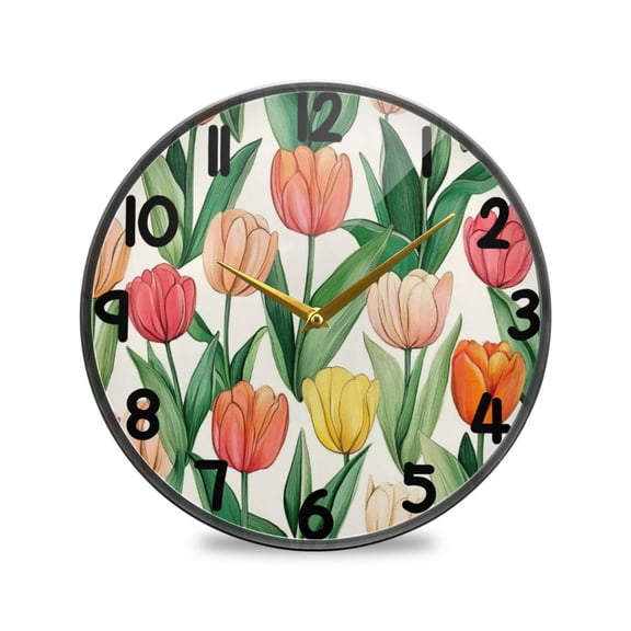 Orange Beige Flower Light Green Pink Lines Round Acrylic Wall Clock Silent Battery Operated