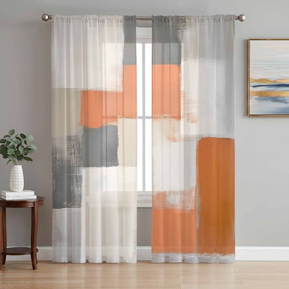 Orange Beige Geometric Sheer Curtains 63 Inch Length 2 Panels Set, Abstract Grey Oil Painting Voile Window Treatment Rod Pocket Curtains Sheers Drapes for Bedroom/Living Room/Kitchen 52x"63"x2