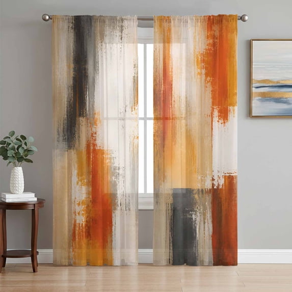 Orange Beige Gray Sheer Curtains 72 Inches Long, Bohemia Modern Simple Neutral Pattern Light Filtering Window Curtains for Living Room, Rod Pocket Voile Sheer Curtain Drapes, 52"W x 72"L, 2 Panels