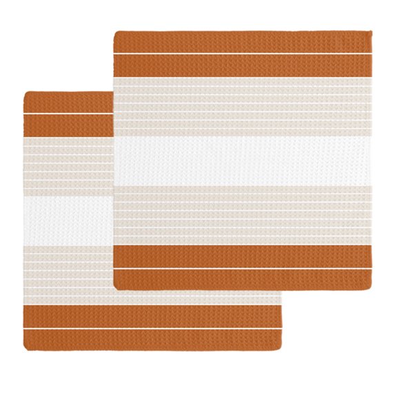 Orange Beige Stripe Kitchen Dish Towels for Drying Dishes Set of 2, Modern Art Horizontal Striped Waffle Weave Microfiber Hand Tea Bathroom Towels Quick Dry & Absorbent Towel 12x12