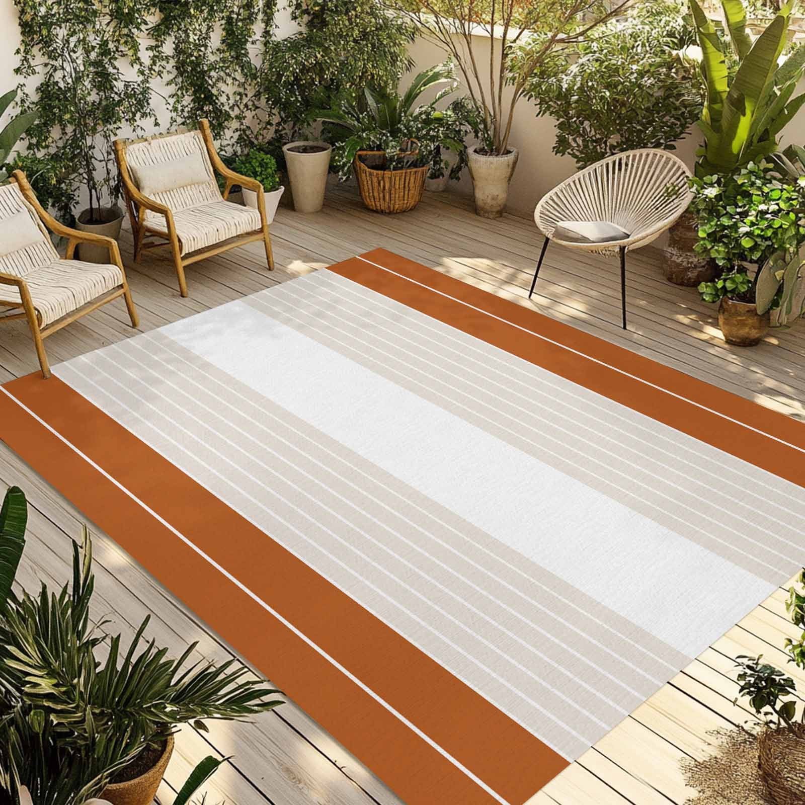 Orange Beige Stripe Outdoor Rug 5x8 Ft - Reversible Patio Rug Outdoor Camping Rugs, Modern Art Horizontal Striped Washable Indoor Outdoor Area Rugs, Non-Slip Outdoor Carpet Runner for Deck/Porch