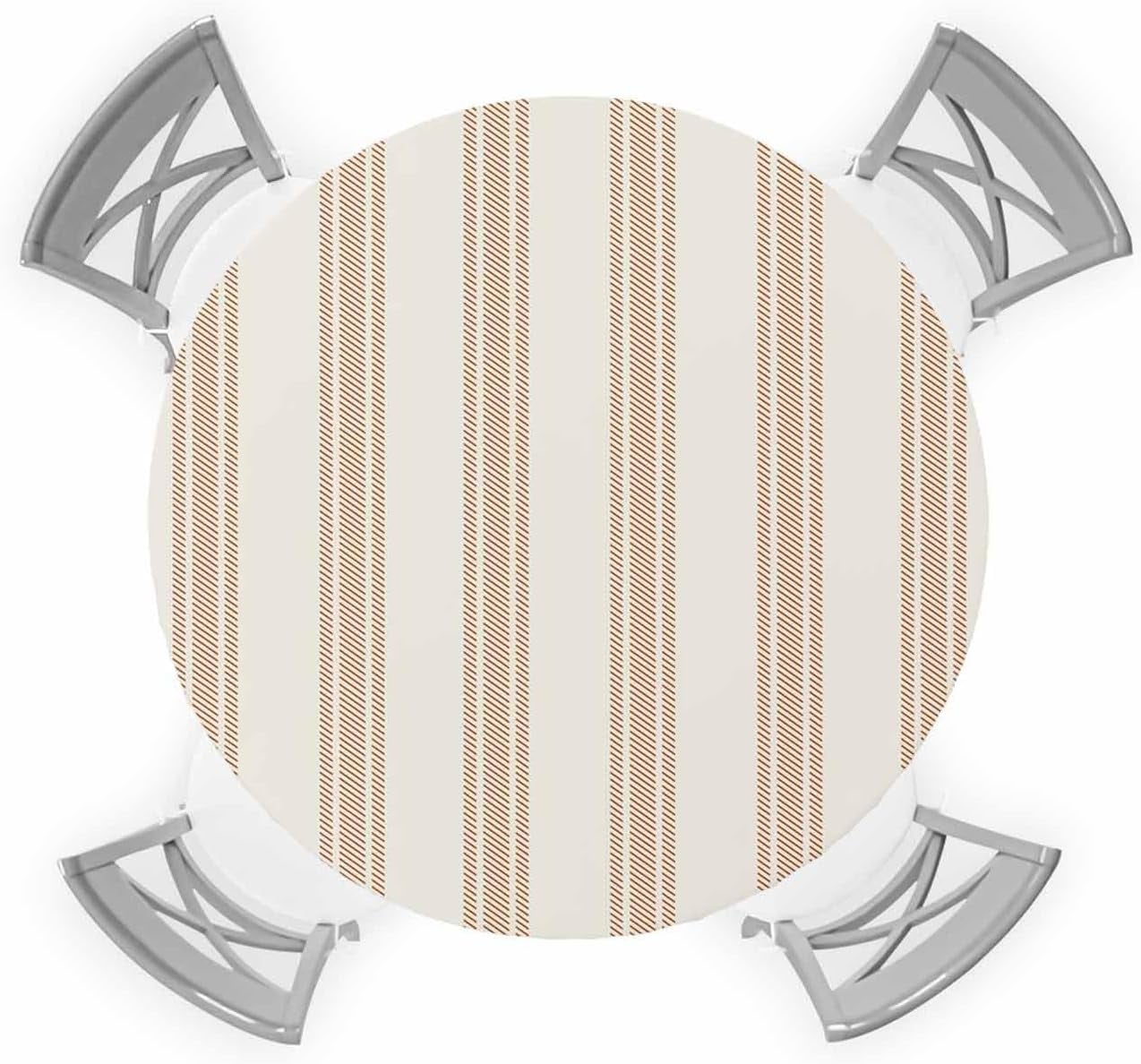 Orange Beige Stripe Round Tablecloth Fitted Table Cover, Retro Farmhouse Geometric Striped Elastic Tablecloths Waterproof Outdoor Indoor Stretch Cloth Tablecover for Dinner, Party, Shower, 36-44IN