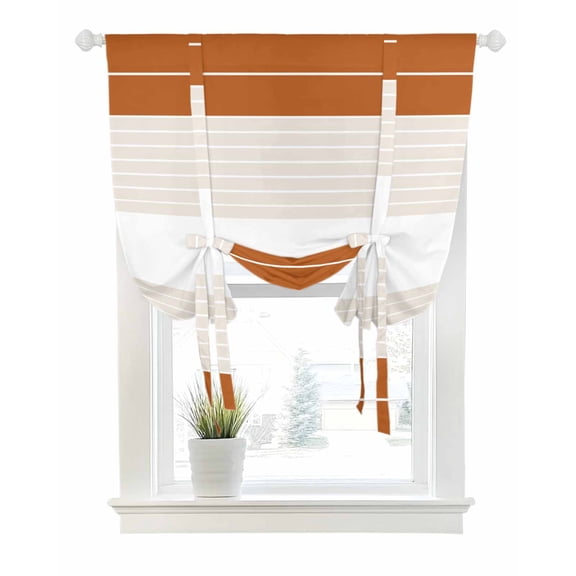 Orange Beige Stripe Tie Up Curtains for Window, Thermal Insulated Balloon Shade Adjustable Rod Pocket Curtains Valance Panels for Kitchen Bathroom Cafe 42 x 63 Modern Art Horizontal Striped