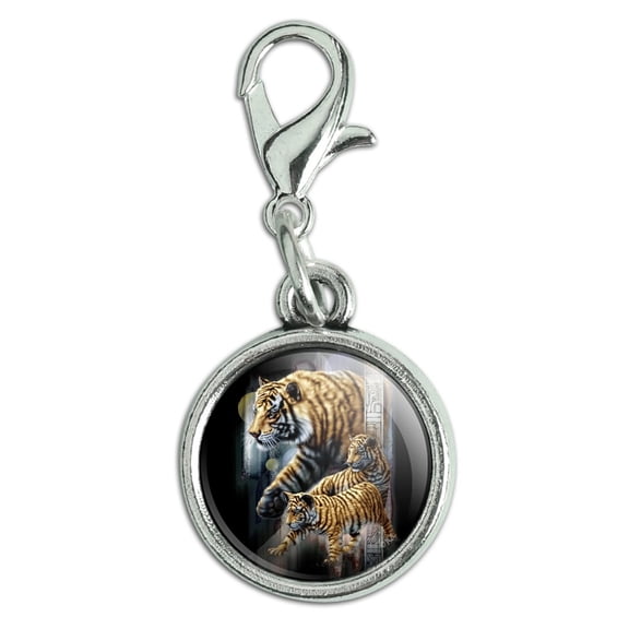 Orange Bengal Tigers Antiqued Bracelet Pendant Zipper Pull Charm with Lobster Clasp