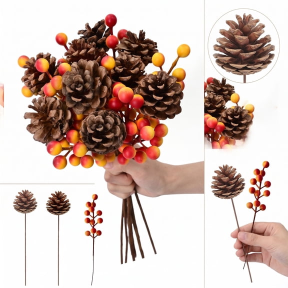 Orange Berries Pinecone Picks Set, 18-Piece Artificial Holiday Decor for Christmas Trees, Mantels & Tablescapes, Realistic Texture, Fade-Resistant, Reusable & Easy to Arrange