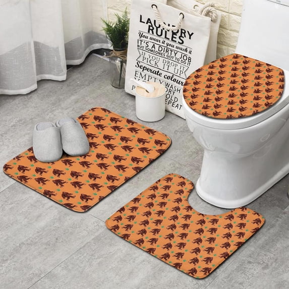 Orange Bigfoot and Grass Pattern Bathroom Rugs Sets 3 Piece,Toilet Cover Set,Absorbent Non Slip Bathroom Mats Sets with U-Shaped Contour Rug Toilet Rug Set