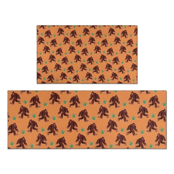 Orange Bigfoot and Grass Pattern Kitchen Rugs Sets Of 2,Anti Fatigue Kitchen Mat Rugs Non Slip Washable,Decorative Kitchen Floor Mats for Kitchen,Sink,Laundry,17"x30"+17"x47"