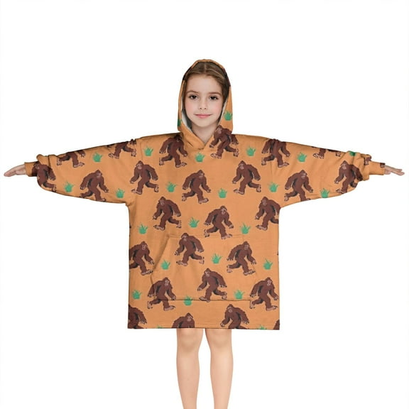 Orange Bigfoot and Grass Pattern Blanket Hoodies for Kids 6-13YR Oversize Wearable Blanket Hoodies for Boys Girls Teens