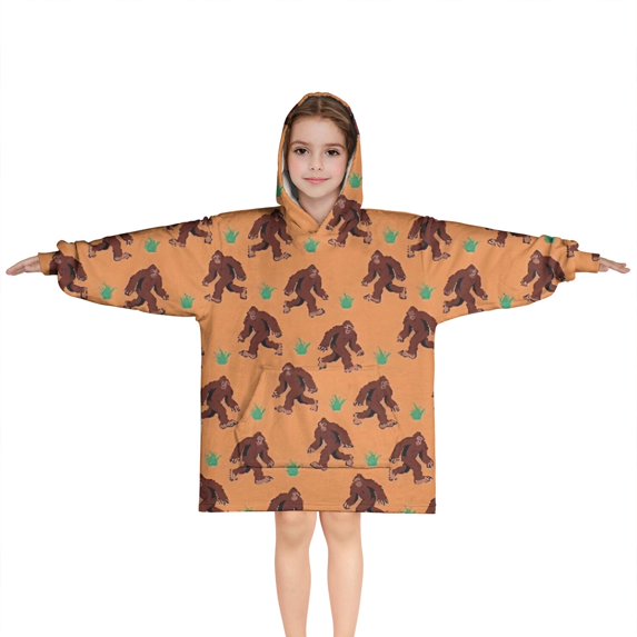 Orange Bigfoot and Grass Pattern Blanket Hoodies for Kids 6-13YR Oversize Wearable Blanket Hoodies for Boys Girls Teens