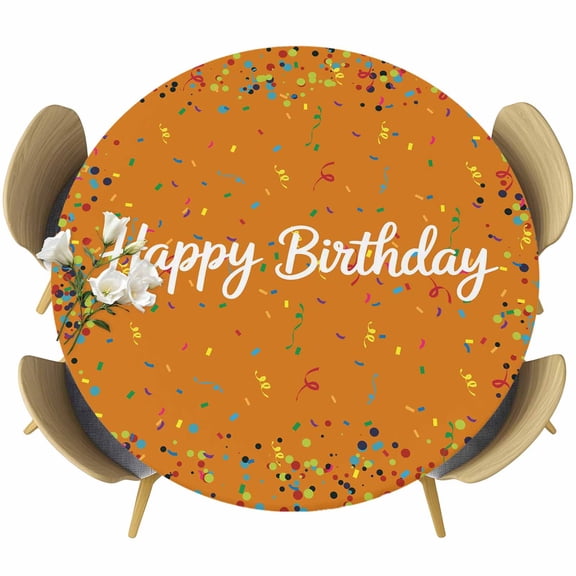 Orange Birthday Round Tablecloth, Fitted Table Cover with Elastic for 36"-44" Round Tables, Colorful Confetti Ribbons Polka Dots Classroom Table Cloth Outdoor Dinning Party Waterproof Tablecloths