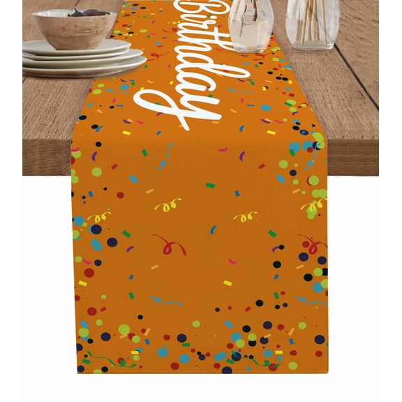Orange Birthday Table Runner 48 Inches, Colorful Confetti Ribbons Polka Dots Classroom Bed Runner Dresser Scarves Tabletop for Indoor Outdoor Parties/Ceremony/Banquet, 13" x 48"
