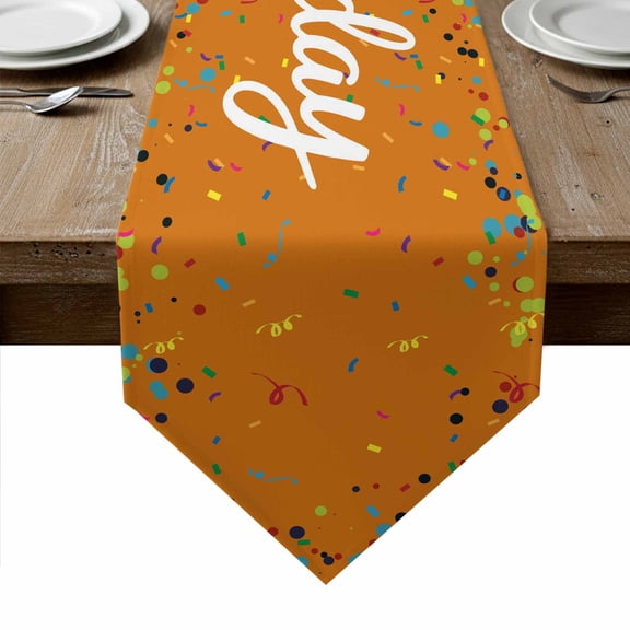 Orange Birthday Table Runner Linen Burlap Table Runner 120 Inches Long Colorful Confetti Ribbons Polka Dots Classroom Dresser Scarves for Kitchen Island Coffee Party Holiday Decor 13"x120"