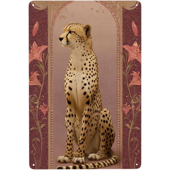 Orange Black 8x12 Inch Metal Poster, Elegant Cheetah Floral Design Art, Vintage Tin Plaque Wall Decor, Modern Aesthetic For Animal Fans