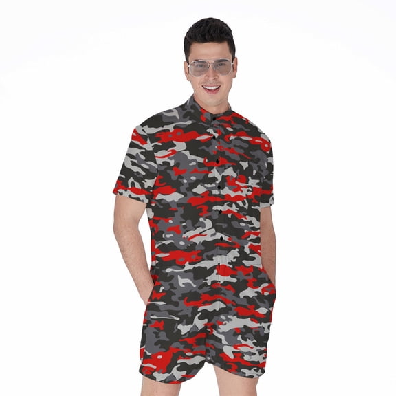Orange Black And Grey Camouflage Short Sleeve Men'S Rompers Casual Summer Jumpsuits Outfit