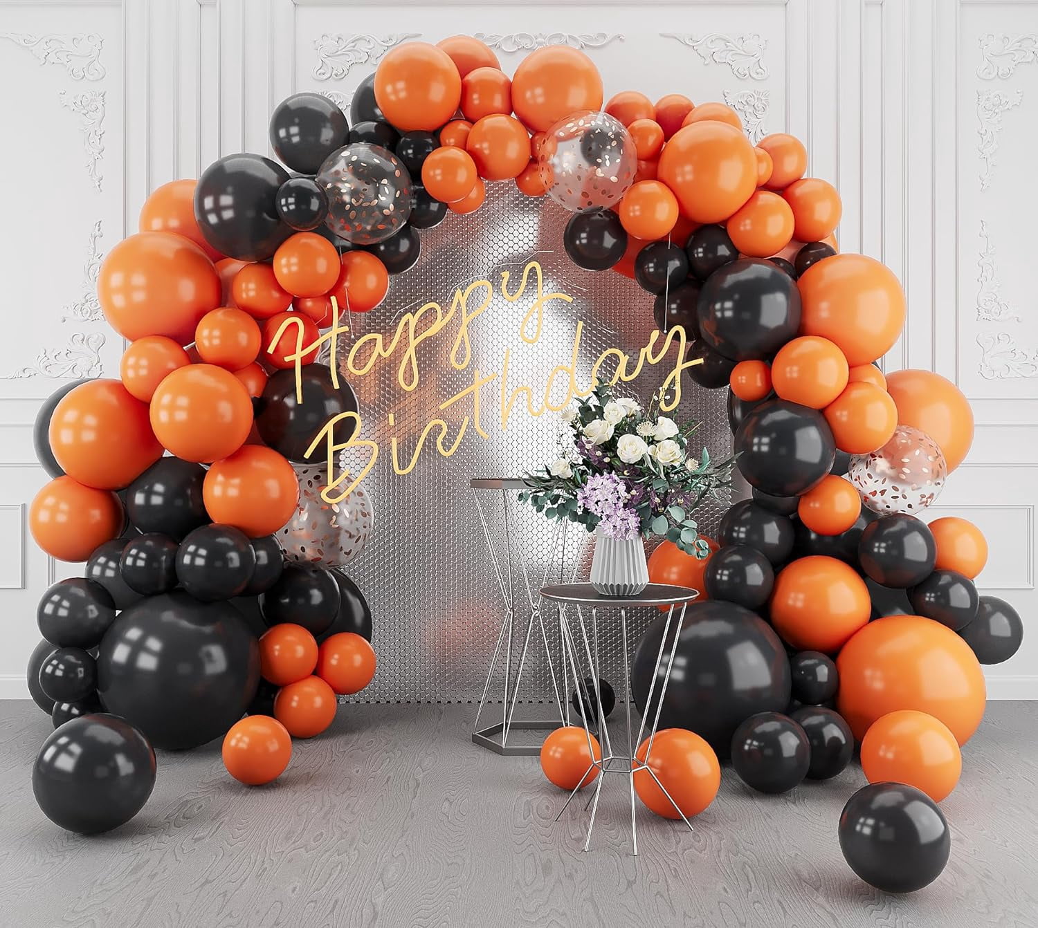 Orange and Black Balloons Arch Garland Kit-148Pcs Orange Black Metallic Confetti Balloon for Birthday Anniversary New Years Baby Shower Engagement Wedding Retirement Party Decoration