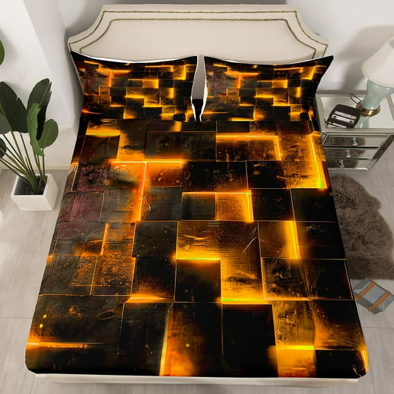 Orange Black Bed Sheets 3D Glowing Buffalo Fitted Sheet Full Size Modern Abstract Art Full Sheets Geometric Plaid Bedding,Gradient Futuristic Cubes Bed Cover(Deep Pocket)