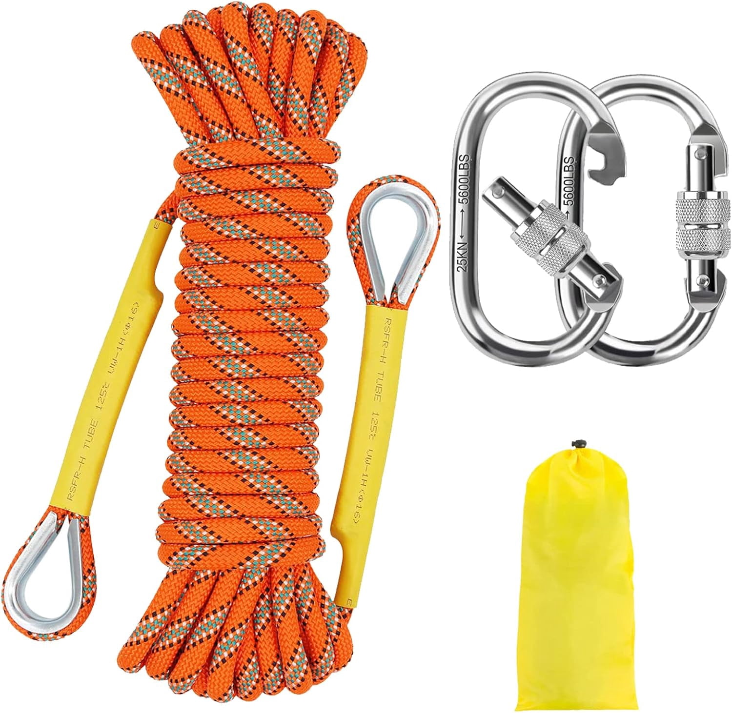 Orange/Black/Blue/Green Climbing Rope 10M(32ft) 20M(64ft) 30M(96ft) 50M(160ft), 8MM Static Rock Climbing Rope with 2 Steel Hooks, Rappelling Rope for Outdoor, Hiking Safety Escape Rope