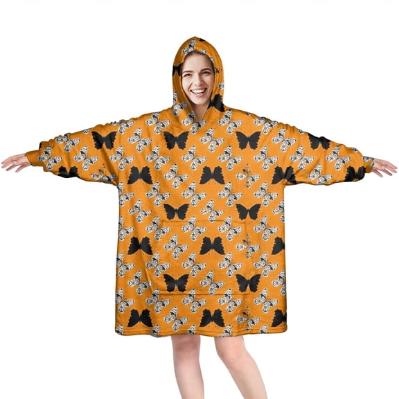 Orange Black Butterfly Pattern Wearable Oversized Blanket,Wearable Blanket Hoodie for Adults,Cozy Hooded Blankets with Super Pockets,Super Warm Fuzzy Pullover for Women & Men