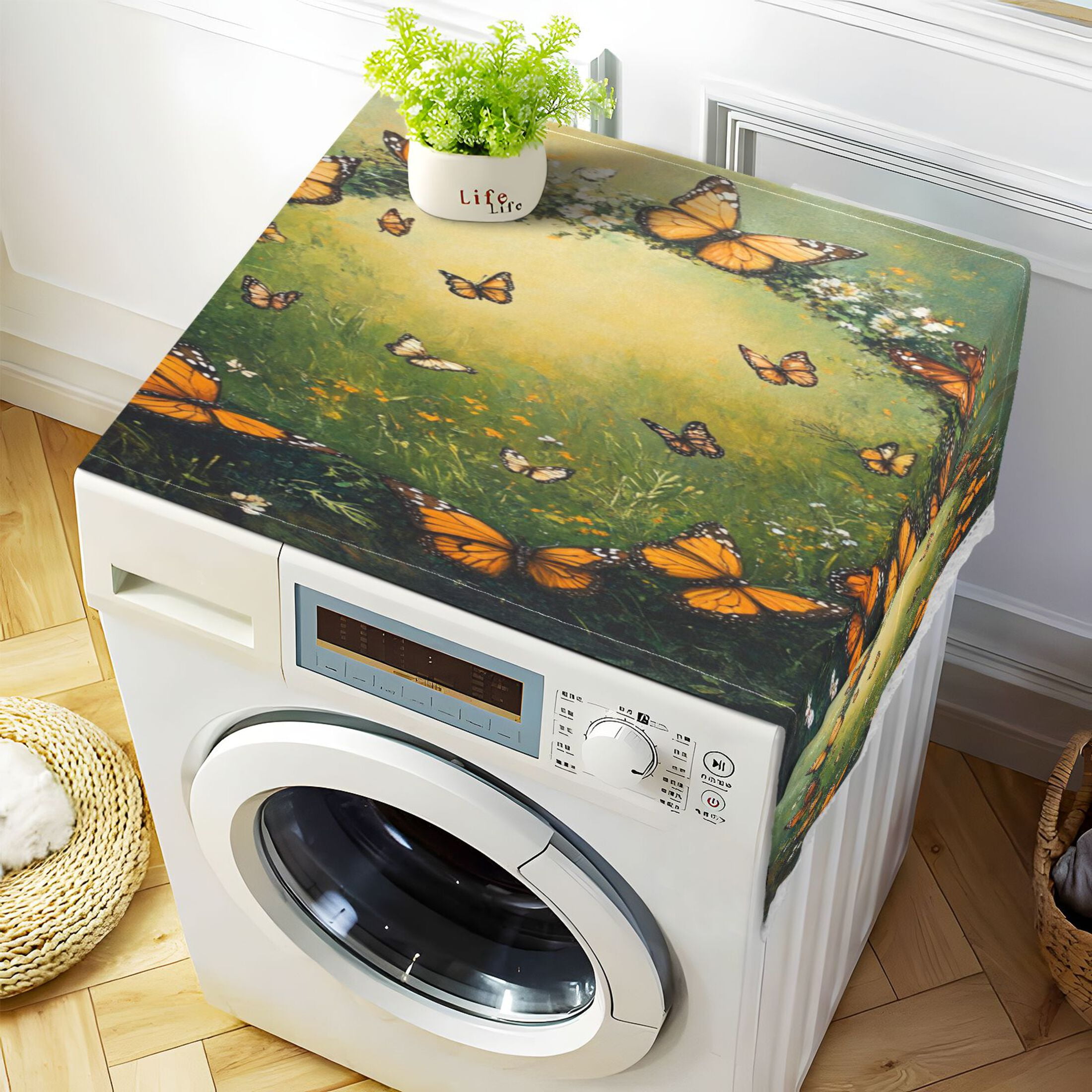 Orange and Black ButterflyWasher and Dryer Covers Dust-Proof and Oil Resistant Fridge Cover with 4 Storage Pockets Washing Machine Top Cover for Laundry Kitchen Home 51.2 x 22 In