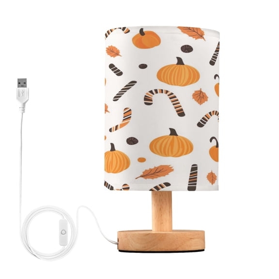 Orange and Black Canes Pumpkins Small Lamp Printed Gifts Table Lamp USB Bedside Desk Nightstand Lamp Wood Base for Bedroom Living Room Office Desk College Dorm