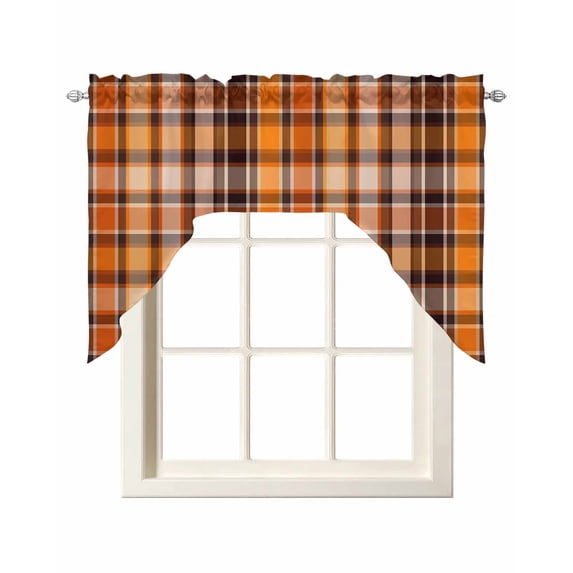 Orange Black Check Swag Valances for Windows, Small Curtains Drapes, Farmhouse Buffalo Plaid Rustic Kitchen Window Curtains Over Sink Rod Pocket Window Treatment Valance for Bedroom/Bathroom 56"x36"