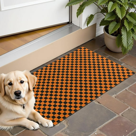 Orange and Black Checkered Pattern Door Rugs,Washable Non Slip Door Mats Indoor,Decorative Door Mats,Entry Mat Indoor for Entrance,Bedroom,Kitchen,Bathroom,16"x24"