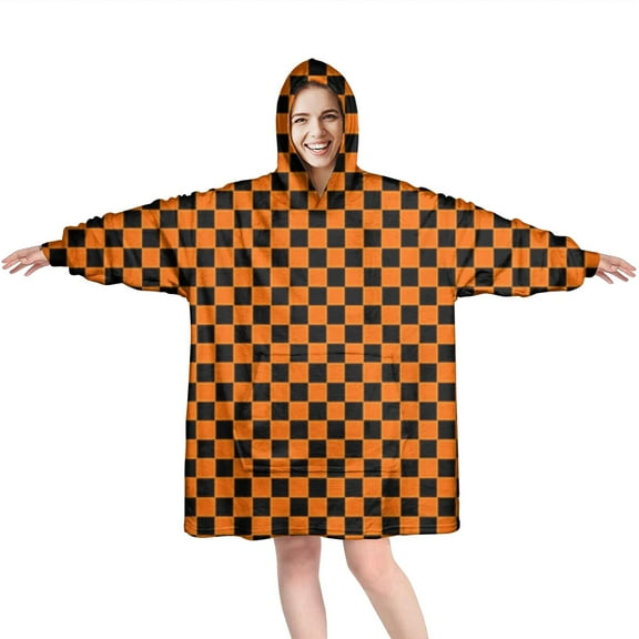 Orange and Black Checkered Pattern Wearable Oversized Blanket,Wearable Blanket Hoodie for Adults,Cozy Hooded Blankets with Super Pockets,Super Warm Fuzzy Pullover for Women & Men