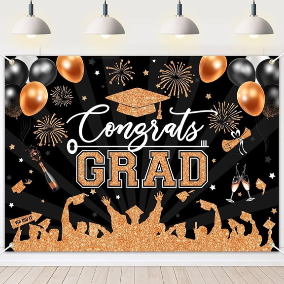 Orange Black Congrats Grad Backdrop Balloons Stars Confetti Class of 2026 Graduation Background Congratulate Graduate Party Decorations Banner Photo Booth Props