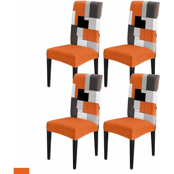 Orange Black Dining Chair Cover Set of 4,Grey White Patchwork Abstract Geometric Stretch Chair Protectors Slipcover,Spandex Kitchen Chair Seat Back Cushion Slip Cover for Dining Room,Party,Ceremony