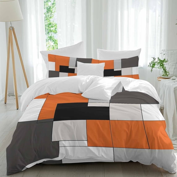 Orange Black Duvet Cover Set Queen Size Gray Geometric Abstract Color Block Modern Soft Lightweight Comforter Covers 4 Piece Bedding Set with 1 Duvet Cover 1 Bed Sheet & 2 Pillow Shams