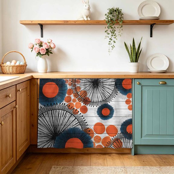 Orange Black Floral Cabinet Curtains 10" W x 11" L, Boho Abstract Floral Orange Dot Wood Grain Under-Desk Privacy Dust Proof Drape Dishwasher Curtain Sink Skirt for Kitchen Closet Bathroom Laundry