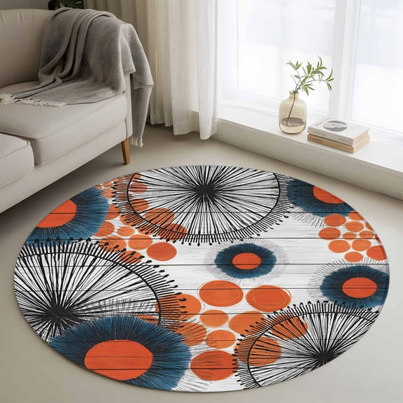 Orange Black Floral Round Rug 4Ft Boho Abstract Floral Orange Dot Wood Grain Circle Area Rugs Washable Non Slip Indoor Floor Mats Carpet for Living Room Bedroom Dining Room Home Decor