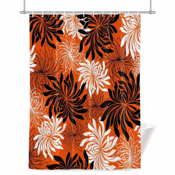 Orange Black Floral Shower Curtain, Vintage White Black Flower Orange Waterproof Shower Curtain Set with 12 Hooks Lightweight Bath Curtains Fabric Bathroom Decor 36x72 Inches