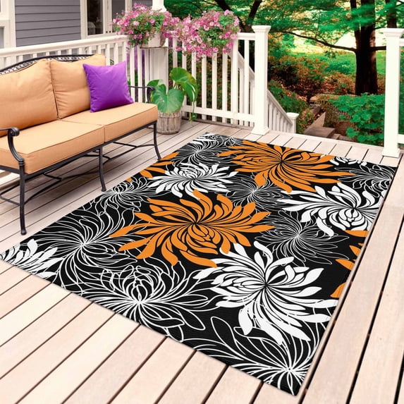 Orange Black Flowers Outdoor Rug 5x8 Ft, Non Slip Washable Area Rug, Abstract Botanical Floral Plant Patio Rugs Carpet Runner, Large Floor Mat for Indoor/Outdoor Deck Porch Camping