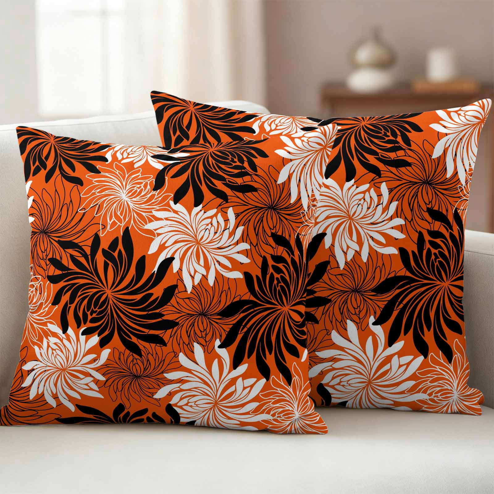 Orange Black Flowers Outdoor Waterproof Throw Pillow Covers 16x16 Set of 2, Modern Abstract Blooms Floral Decorative Pillowcases Cushion Pillowcase for Couch Sofa Patio Outside Pillow Protector