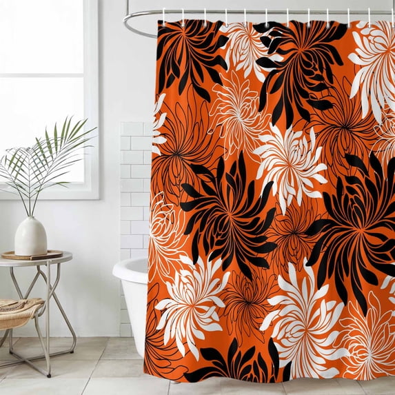 Orange Black Flowers Shower Curtain Set, Waterproof Shower Curtains for Bathroom, Modern Abstract Blooms Floral Washable Fabric Cloth Bath Curtain for Bathtub Decoration with Hooks 66x72 Inches