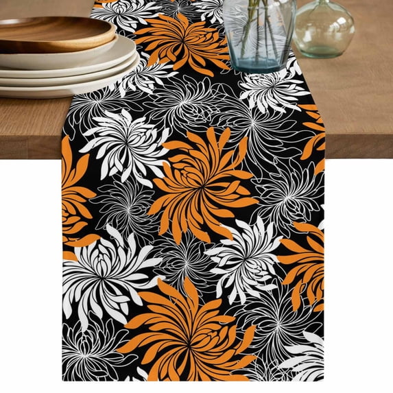 Orange Black Flowers Table Runner 72 Inches, Abstract Botanical Floral Plant Bed Runner Dresser Scarves Tabletop for Indoor Outdoor Parties/Ceremony/Banquet, 14" x 72"