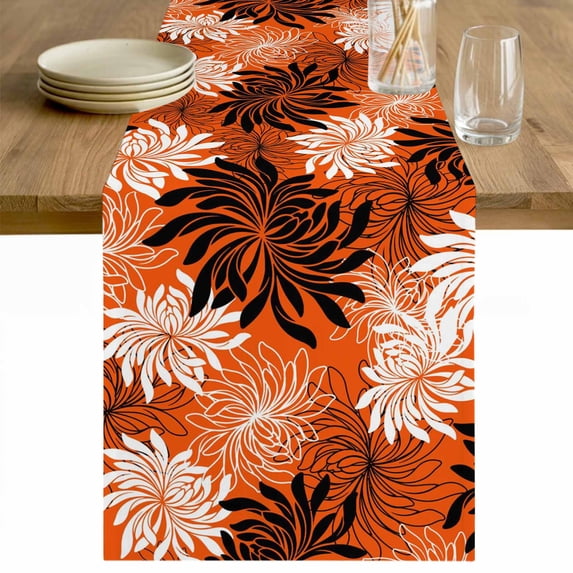 Orange Black Flowers Table Runner - 90 Inch Long Modern Abstract Blooms Floral Cotton and Linen Blended Dress Scarves Farmhouse Table Runner for Kitchen Dining, Coffee Table, 13" x 90"