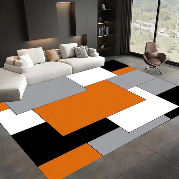 Orange Black Geometric Area Rug, Abstract Color Block Pattern Carpet, Washable Non Slip Low Pile Soft Thin, Living Room Bedroom Study Office Entrance Home Decor Mat 5x8ft