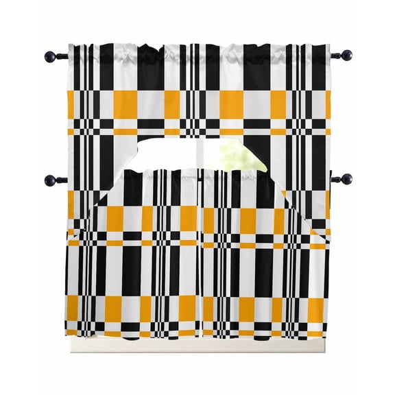 Orange Black Geometric Kitchen Curtains Swag Valance and Tier Curtains Set 36 Inch Length, Abstract Art Modern Check Plaid Rod Pocket Drape Panels Pair Swag Curtain for Bathroom/Cafe/Window