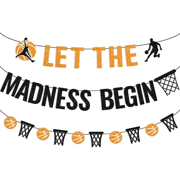 Orange & Black Glitter Let The Madness Begin Banner with Basketball Cutouts, Basketball Themed Party Supplies