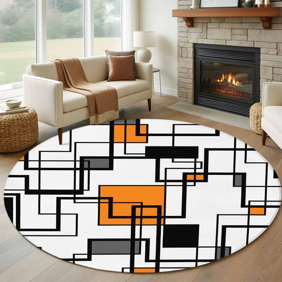 Orange Black Gray 7ft Round Rug for Living Room Conversation Area, Abstract Geometric Stripes Squares Washable Non Slip Large Circle Area Rug